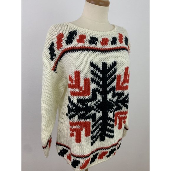Vintage 80s Fantastic Hand Knit Acrylic Sweater Chunky Snowflake Nordic Sz M - Picture 5 of 5